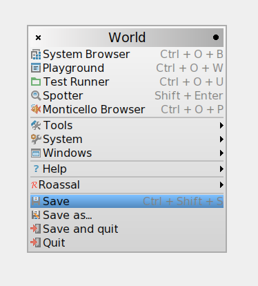  Saving changes to our Pharo environment via the World Menu. 