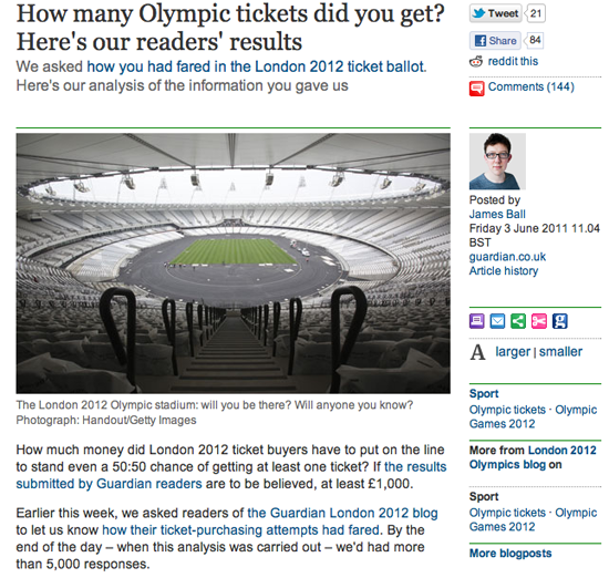 Figure 13. ¿Cuántas entradas Olímpicas consiguió?: los resultados de los lectores (The Guardian)