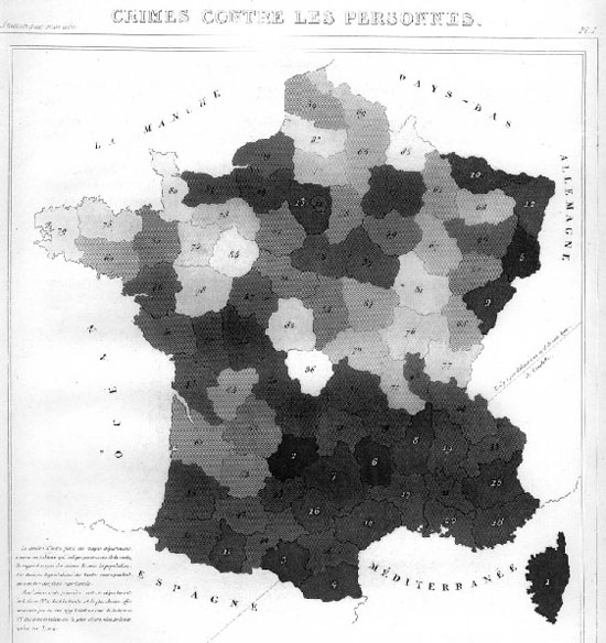 Mapa coroplético de Francia mostrando niveles de criminalidad (André-Michel Guerry) 